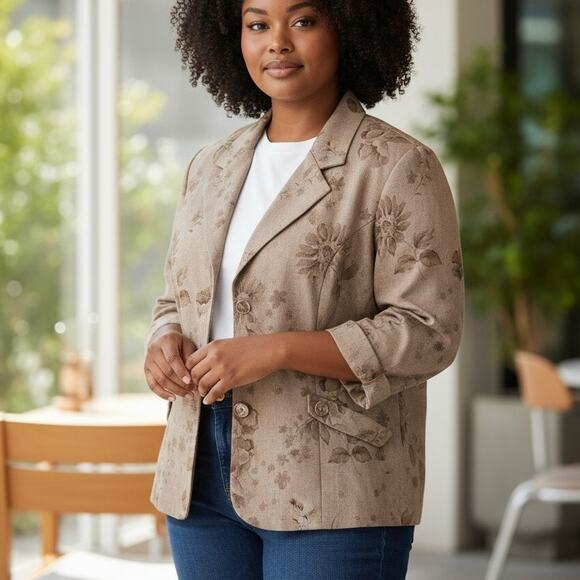 Perceptions Size 15 Taupe Linen Floral Blazer Jacket Professional - Picture 1 of 6